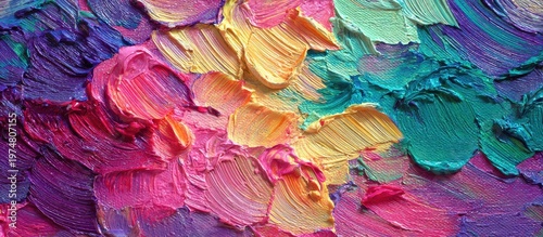 Vibrant Textured Oil Paint Strokes in Pink Purple Yellow Teal and Blue with Glossy Highlights Abstract Art Background