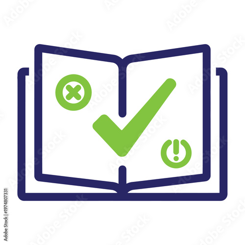 Flat duotone icon of an open book with check and cross marks, modern design concept