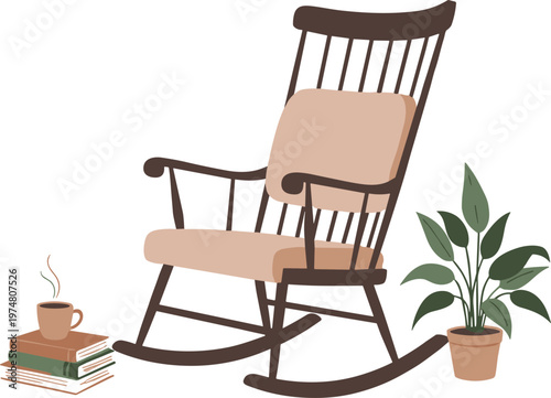 Cozy rocking chair with books coffee and plant relaxing home corner vector illustration