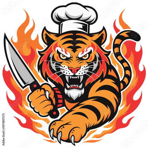 Fierce Tiger Chef Fire Mascot T Shirt Graphic