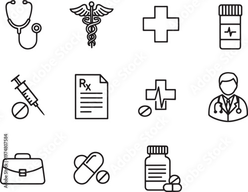 A collection of medical icons is displayed on a white background. The icons include a stethoscope, caduceus symbol, pill bottle, syringe, prescription, cross, doctor, bag, heart, and DNA strand.