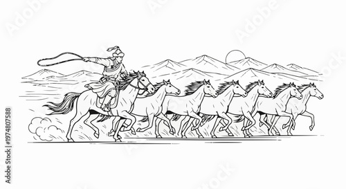 A horse rider with a whip leads a herd of running horses through mountains