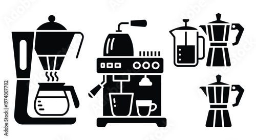 Various coffee makers black silhouettes high quality modern flat vector illustration kitchen appliances design concept.