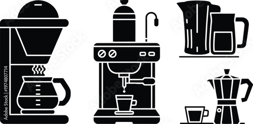 Various coffee makers black silhouettes high quality modern flat vector illustration kitchen appliances design concept.