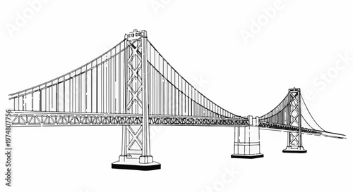 Black and white sketch of a large suspension bridge with two towers