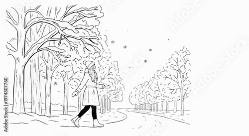 A person walks along a snowy road lined with leafless trees and falling snowflakes
