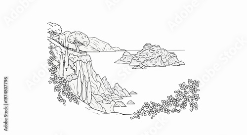 Craggy cliffs and islands border a serene sea with lush flora