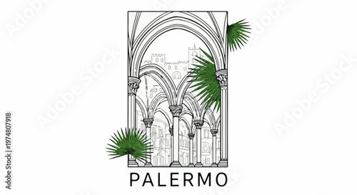 Line art of gothic arches with palm leaves and city skyline