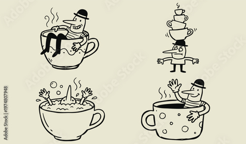 Whimsical Tea Time: A set of playful illustrations showcases a series of amusing characters engaged in lighthearted interactions with teacups, exploring themes of relaxation, balancing.