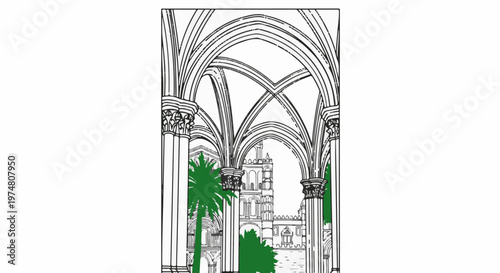 Ornate gothic arches frame a distant cityscape with lush greenery