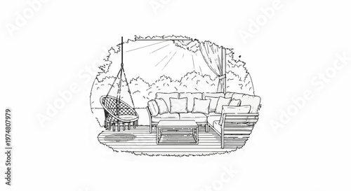 Sketch of an outdoor seating area with a sofa, coffee table, and hanging chair