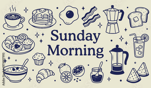 Sunday Morning Delight: A charming illustration depicts a delightful breakfast spread, ideal for savoring a lazy Sunday morning, with the perfect blend of sweet and savory treats.