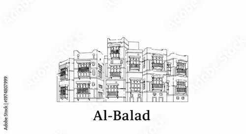 Sketch of historic multi-story buildings with ornate windows and balconies
