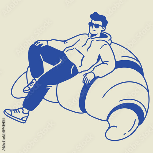 A Modern Leisure Moment: A stylish individual, relaxed and at ease, lounges on a giant croissant, embodying a modern leisure and carefree lifestyle. 