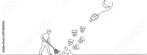 A person sweeping away old emotional masks and embracing authenticity.