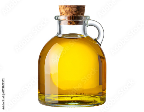 Clear glass carafe with golden liquid and cork