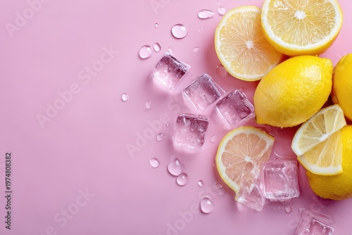 Vibrant yellow lemons and clear ice cubes arranged with water droplets on a soft pink background creating a refreshing and cool visual aesthetic for summer beverages