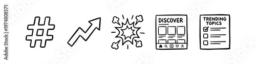 Hand-drawn social media icon set featuring hashtag, growth arrow, explosion, discover page, and trending topics list. Perfect for digital marketing, SEO, and viral content strategy concepts.