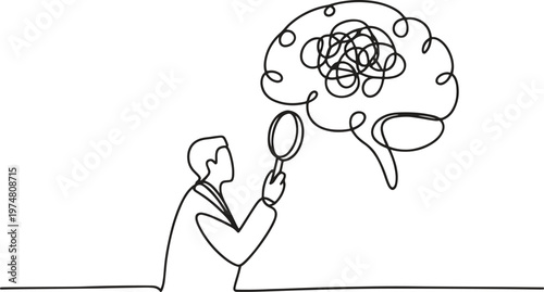 A person examining a complex, tangled brain with a magnifying glass.