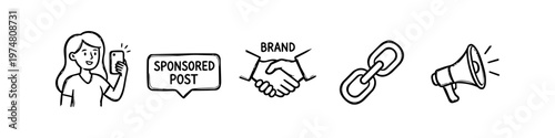 Set of hand-drawn influencer marketing icons featuring a woman taking a selfie, sponsored post bubble, brand partnership handshake, link, and megaphone in a minimalist black and white doodle style.