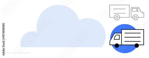 Cloud storage, logistics management, data synchronization, e-commerce delivery, fleet tracking, technology integration. Simplified trucks and a cloud. Cloud storage and logistics management