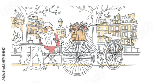 Charming hand-drawn illustration depicting a woman enjoying a peaceful morning, sipping coffee and reading a newspaper at an outdoor cafe in a picturesque European city.