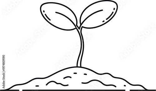 Minimalist black line art illustration of a young seedling sprout growing from fertile soil, symbolizing new beginnings, growth, and sustainable agriculture concepts in a clean design.