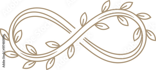 Elegant brown outline infinity symbol decorated with delicate leaves, representing eternal nature, continuity, everlasting love, and infinite possibilities on a light beige background.