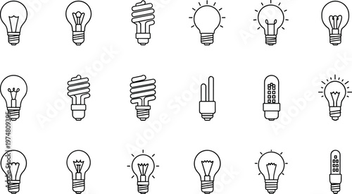 Fotografie Light bulb line icons set with different lamp styles LED CFL and incandescent ou