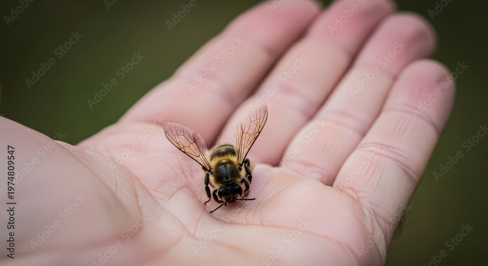 Obraz premium Honeybee rests peacefully on the open palm of a person.