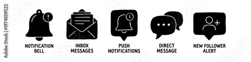 Collection of hand-drawn social media notification icons including bell, inbox, push alert, direct message, and new follower. Minimalist black doodle style on white background.