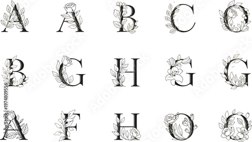 A collection of exquisite uppercase alphabet letters intricately adorned with beautiful botanical elements and delicate floral arrangements, perfect for elegant branding and artistic design projects.