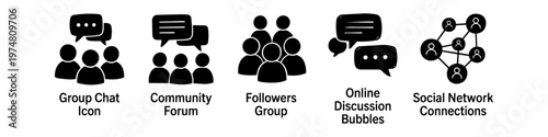 Set of black minimalist social media and communication icons including group chats, community forums, follower groups, discussion bubbles, and network connections for web and app design.