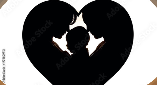 A beautiful silhouette of two parents tenderly embracing their newborn baby, forming a heart shape, symbolizing family bonding, care, and the warmth of new life.
