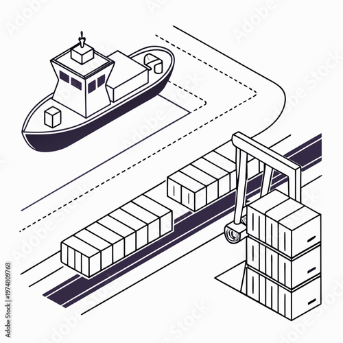 Tugboat and cargo containers on dock crane loading