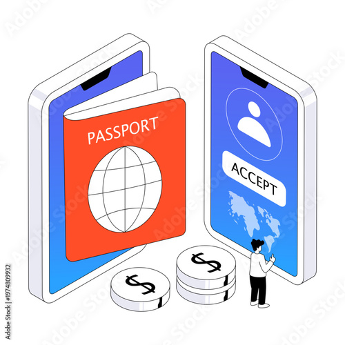 A isometric design illustration of passport accepted, editable vector
