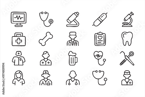 Clean Line Icons Set with Doctor Equipment Diagnosis and Treatment Symbols