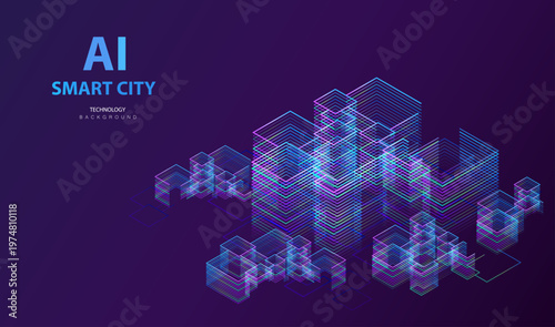Smart city isometric technology background. Future AI neon lines buildings vector. Digital futuristic intelligence high tech city design banner.