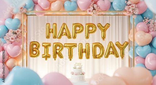 Festive 'happy birthday' gold balloons a celebration scene for easter day parties