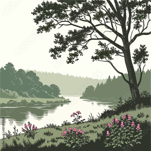 Obraz na plátně Tree by the river with pink flowers grass landscape