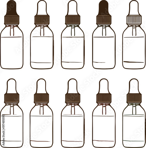 Collection of dropper bottles with varying liquid levels and cap designs