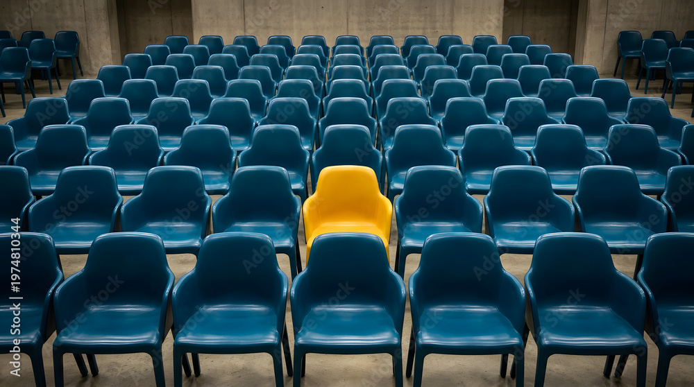 Fototapeta premium An empty auditorium with rows of blue chairs except for one bright yellow chair standing out from the rest auditorium
