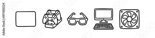 Collection of hand-drawn gaming and computer technology line art icons including game controllers, PC monitor, keyboard, glasses, and cooling fan. Minimalist black and white doodle vector set.