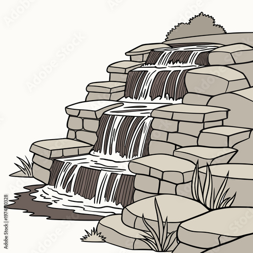 Beige of tiered rocky waterfall stones