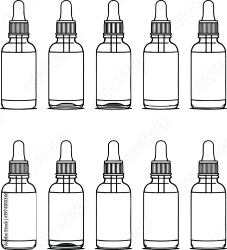 Collection of ten dropper bottles with different cap designs for liquid storage
