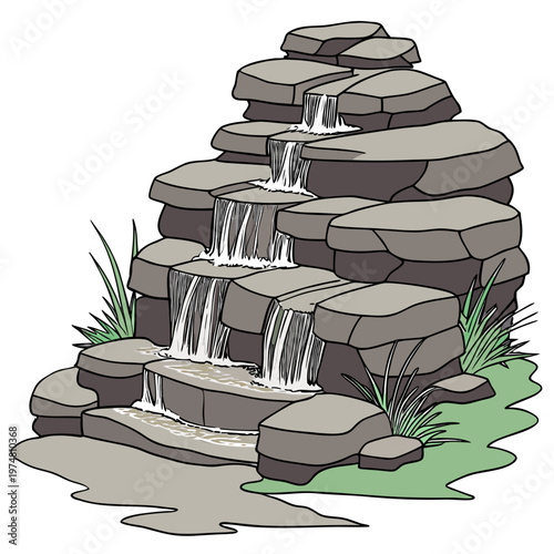 Gray Rock Waterfall with Green Plants gray rocks white water