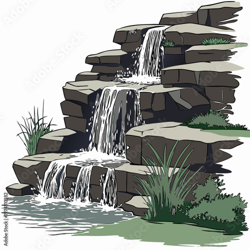 Dark Gray Rock Waterfall with Green Plants dark gray rocks