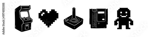 Set of retro gaming icons featuring an arcade machine, pixel heart, classic joystick, game cartridge, and pixel character in a hand-drawn black and white style.