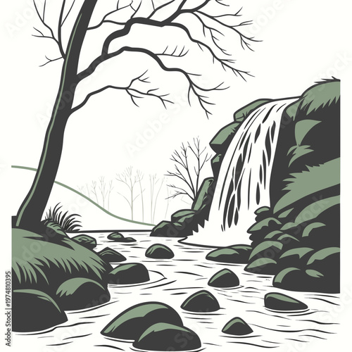 Waterfall in a Forest with a Tree rocks