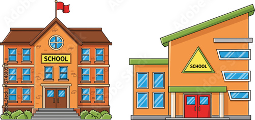 School Building Collection with Classic and Modern Educational Architecture Featuring Classrooms Windows and Entrance for Education Illustration and Campus Design Graphics